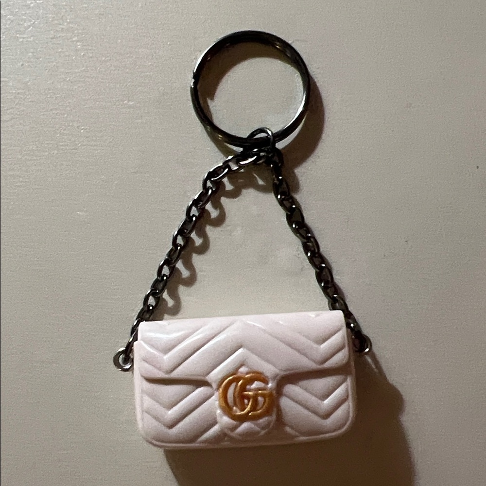 White Quilted GG Keychain with Gold Accent
